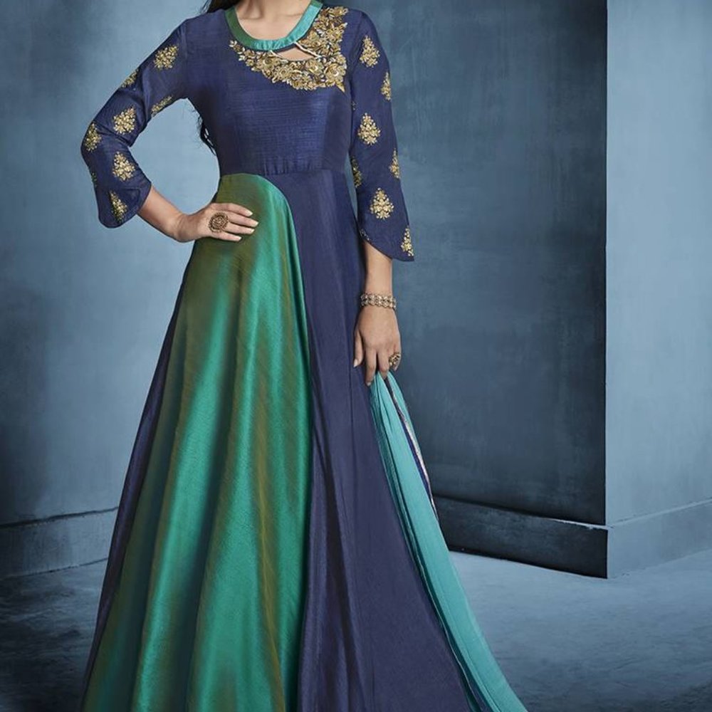NAVY-BLUE EMBROIDERED TAFFETA SALWAR - Picture 1 of 3